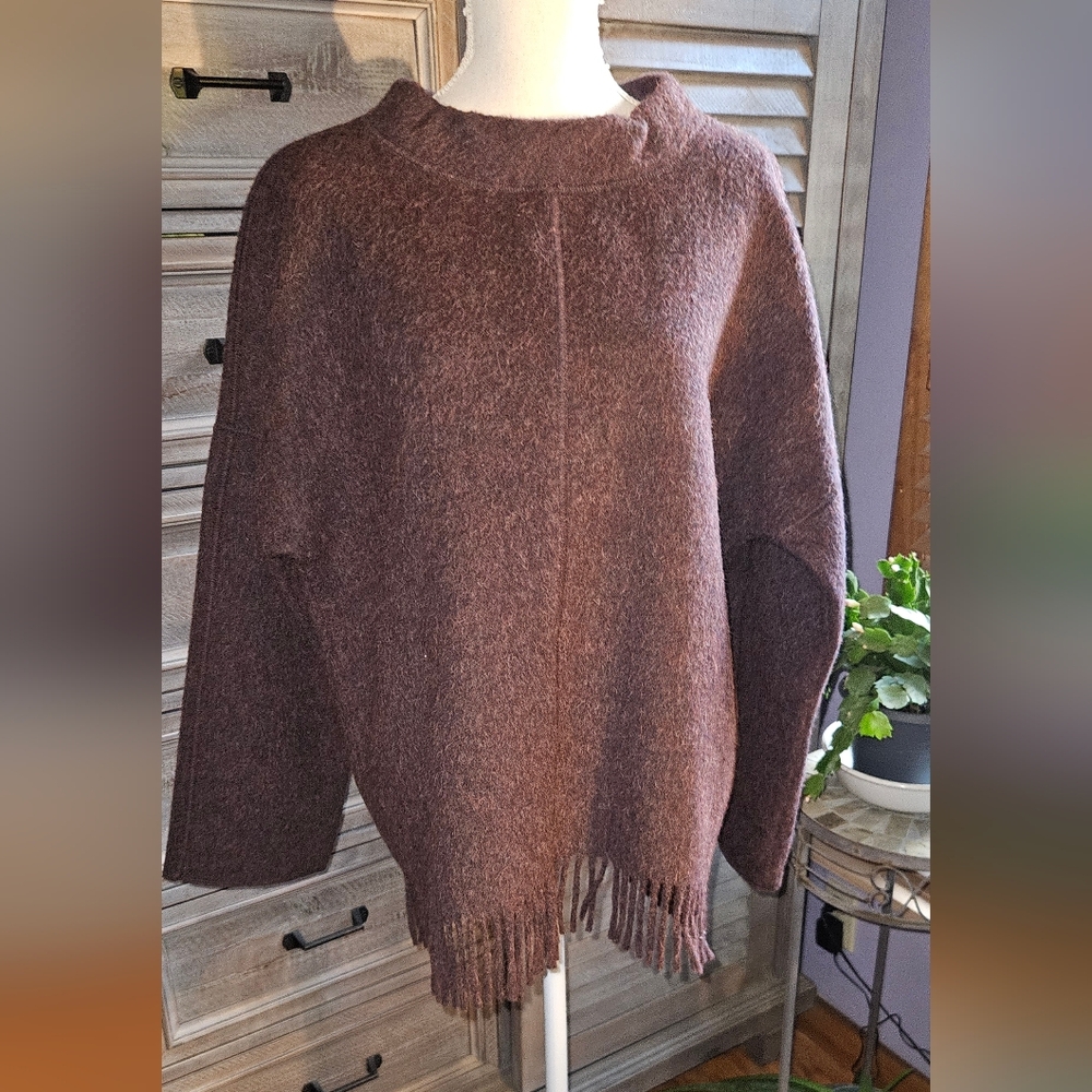 J.Crew Cozy Brown Blend Women's Boiled Wool Blanket Like Sweater Fringe Hemline